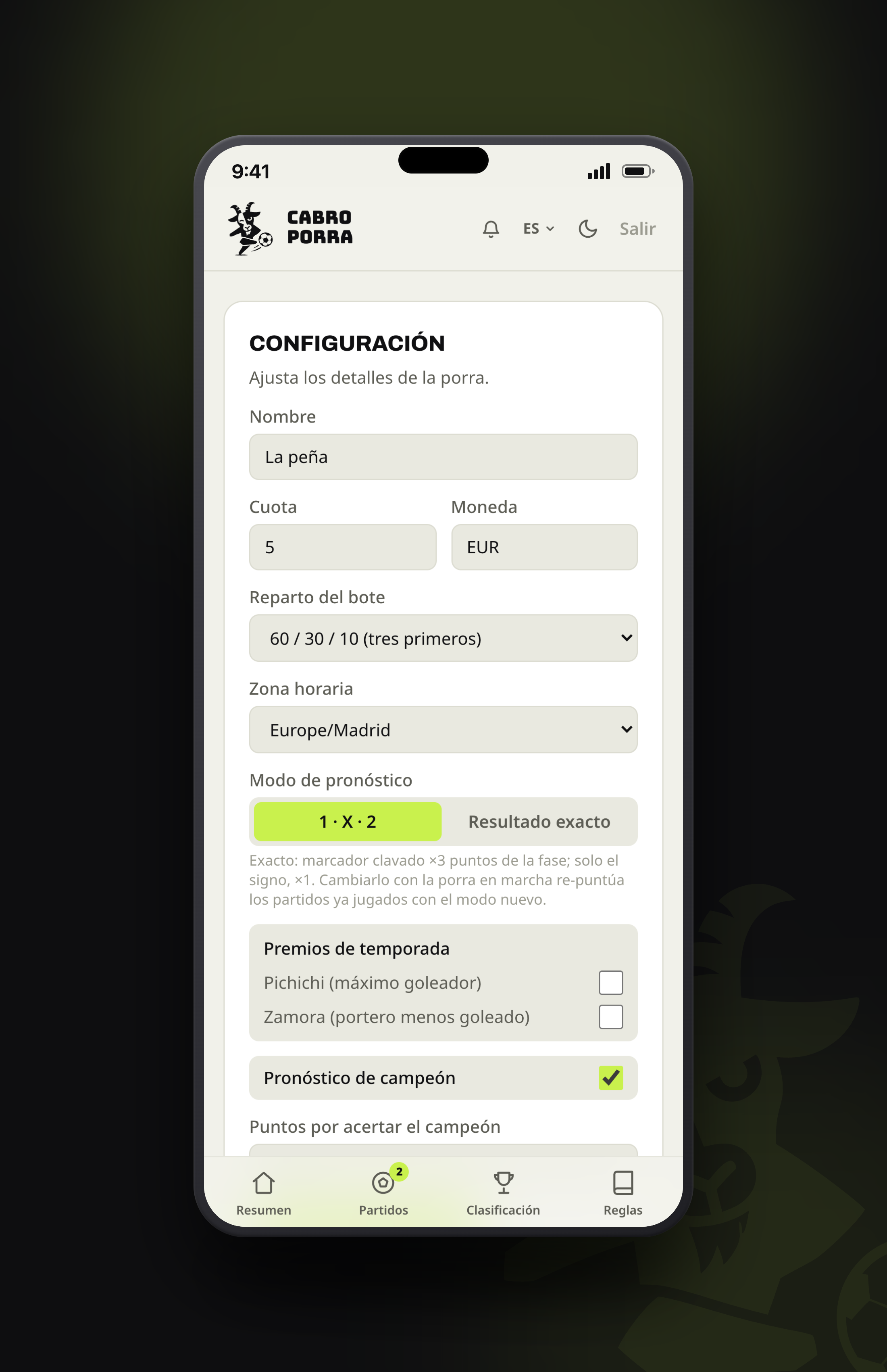 Configuración de la porra en un iPhone