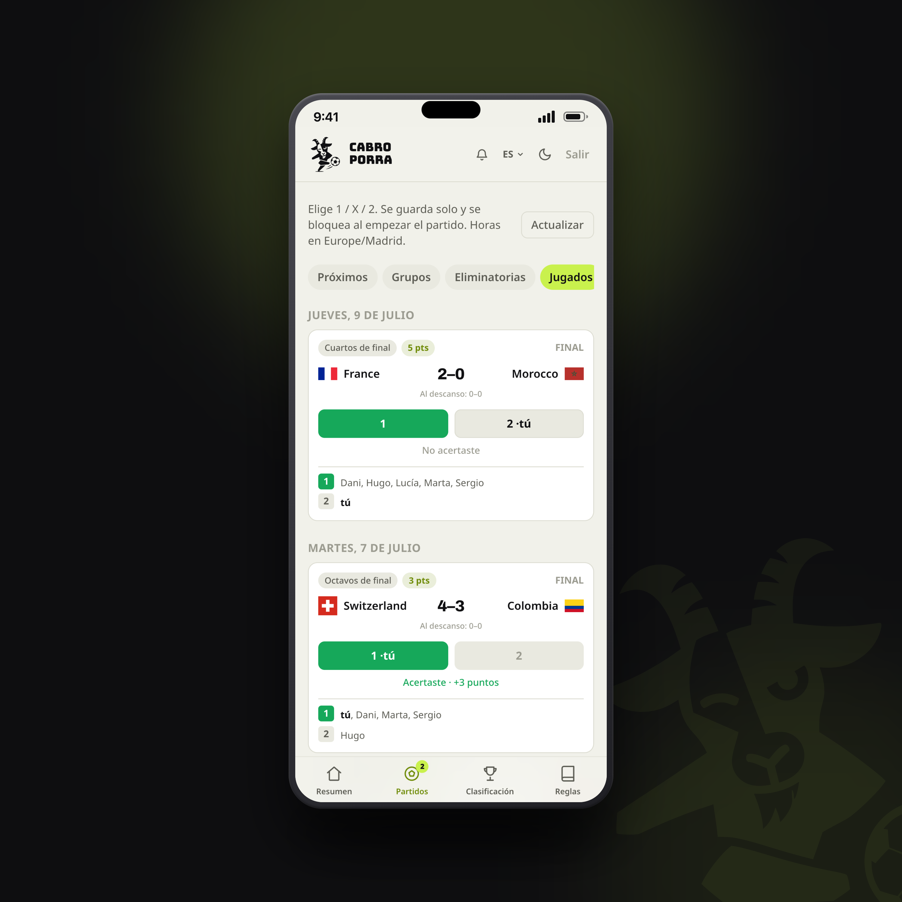 Partidos jugados con aciertos y votos del grupo en un iPhone