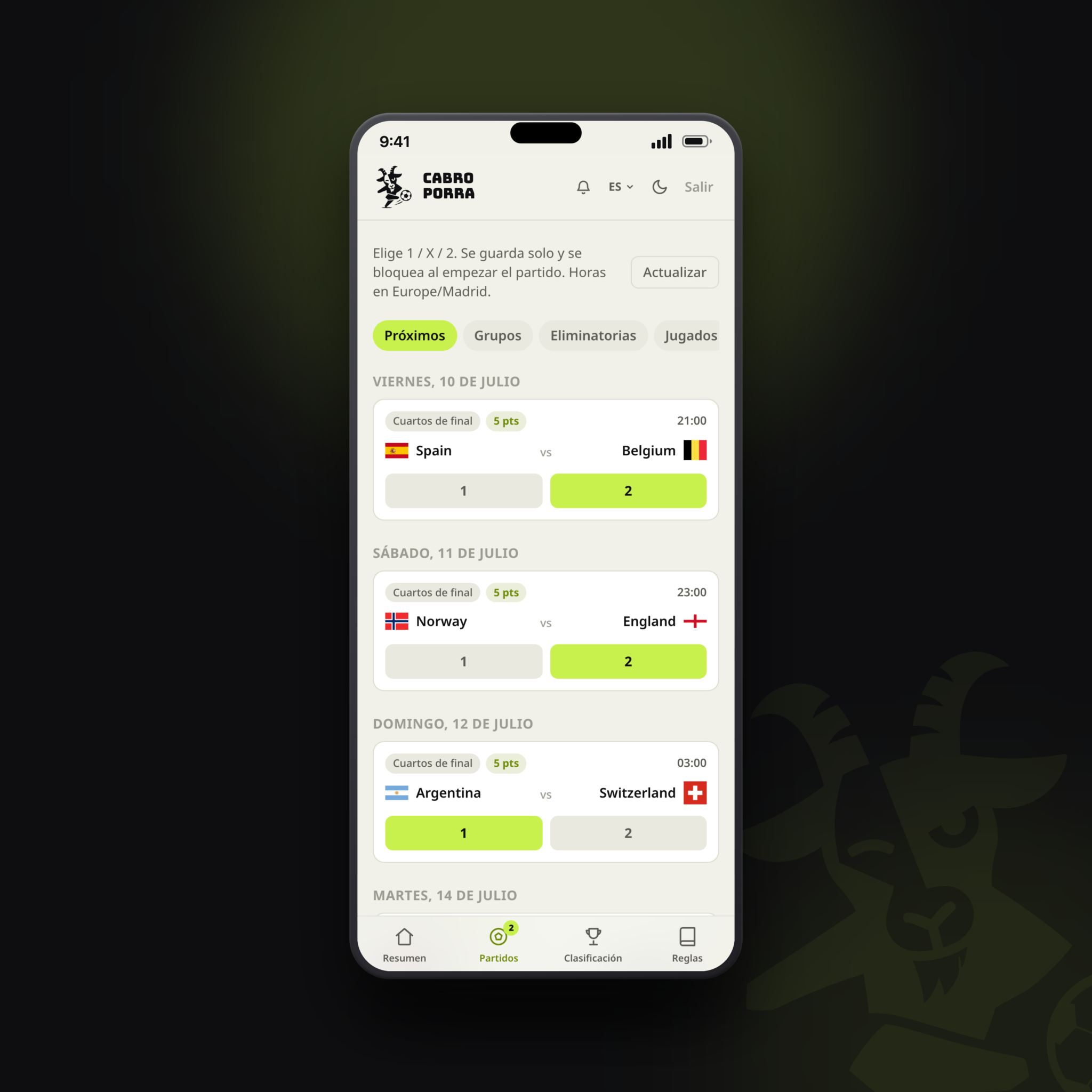 Pronósticos 1X2 en un iPhone con Cabro Porra