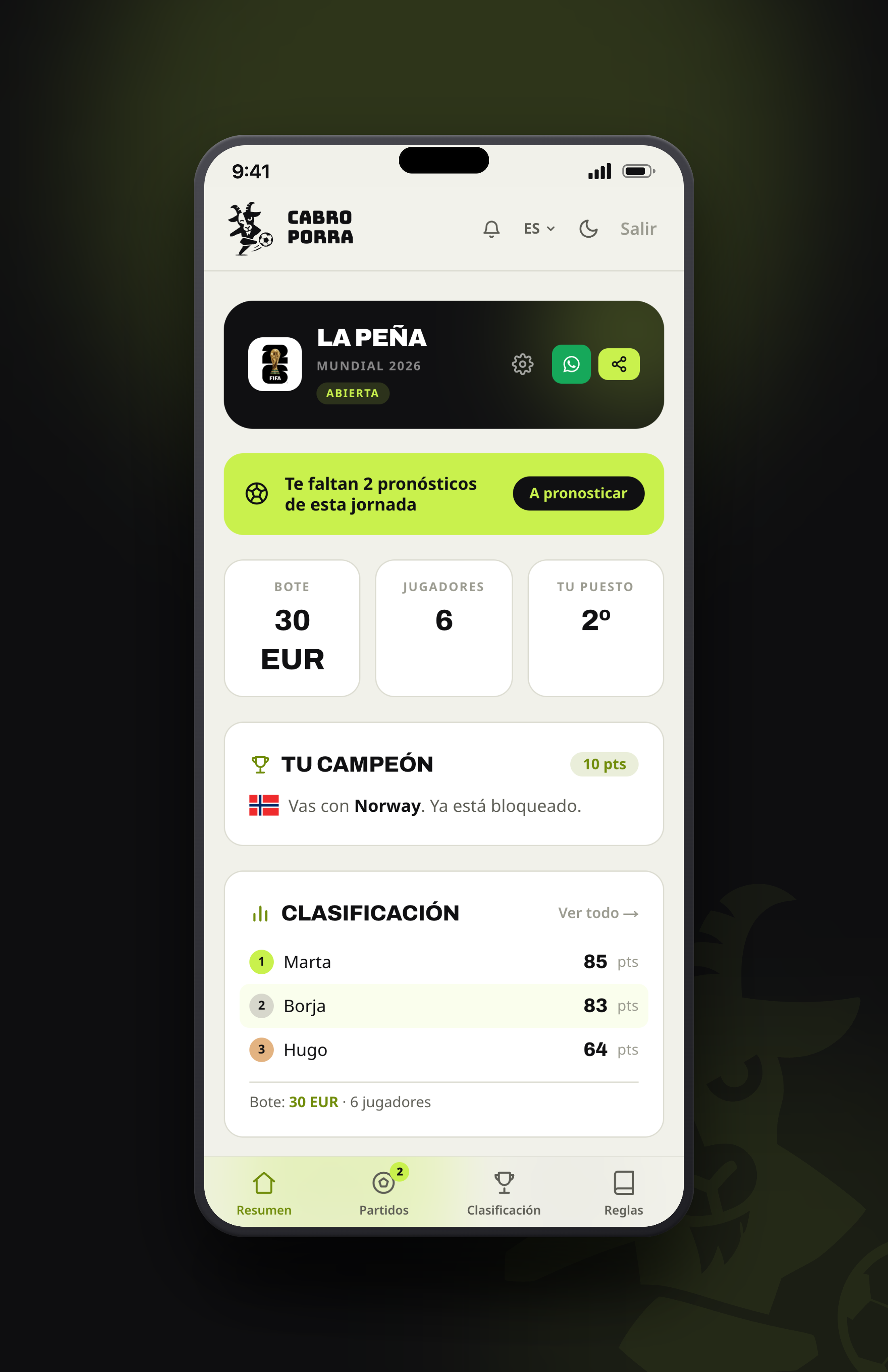 Resumen de la porra con bote y puesto en un iPhone